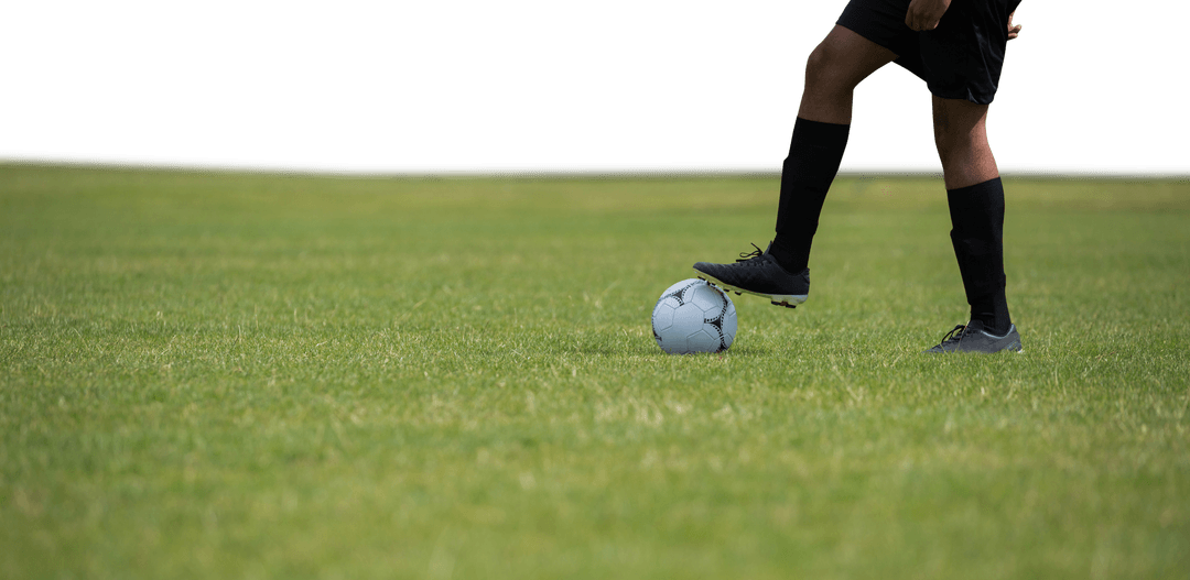 Transparent Soccer Player Standing with Ball on Grass Field