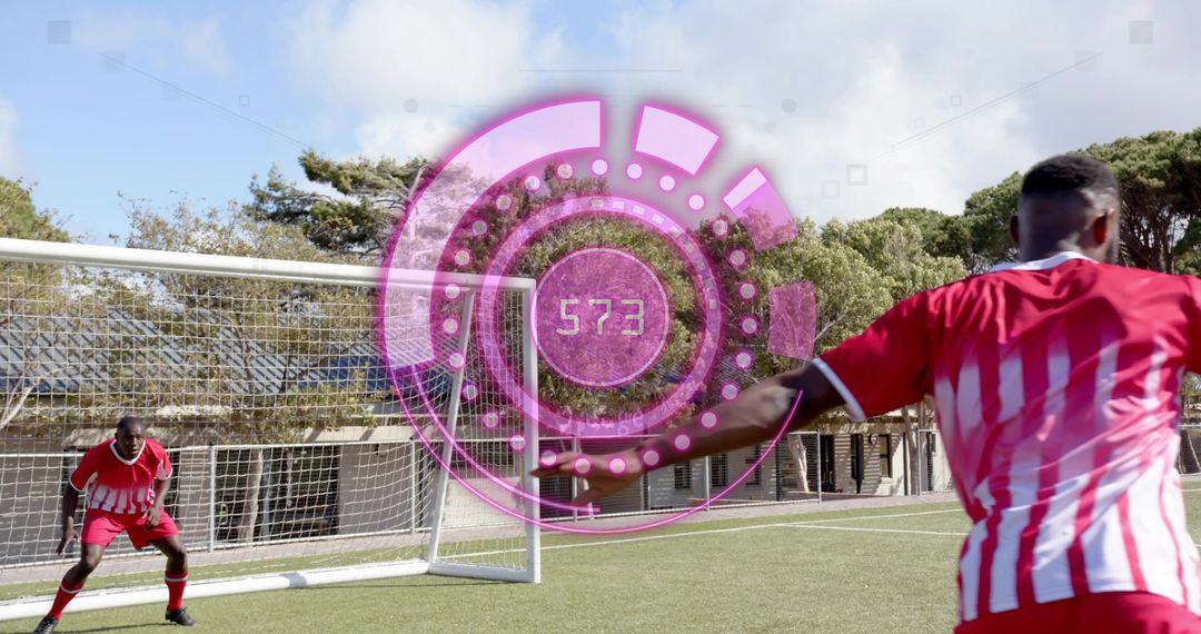 Striker Taking Shot with Futuristic HUD Overlay on Soccer Field