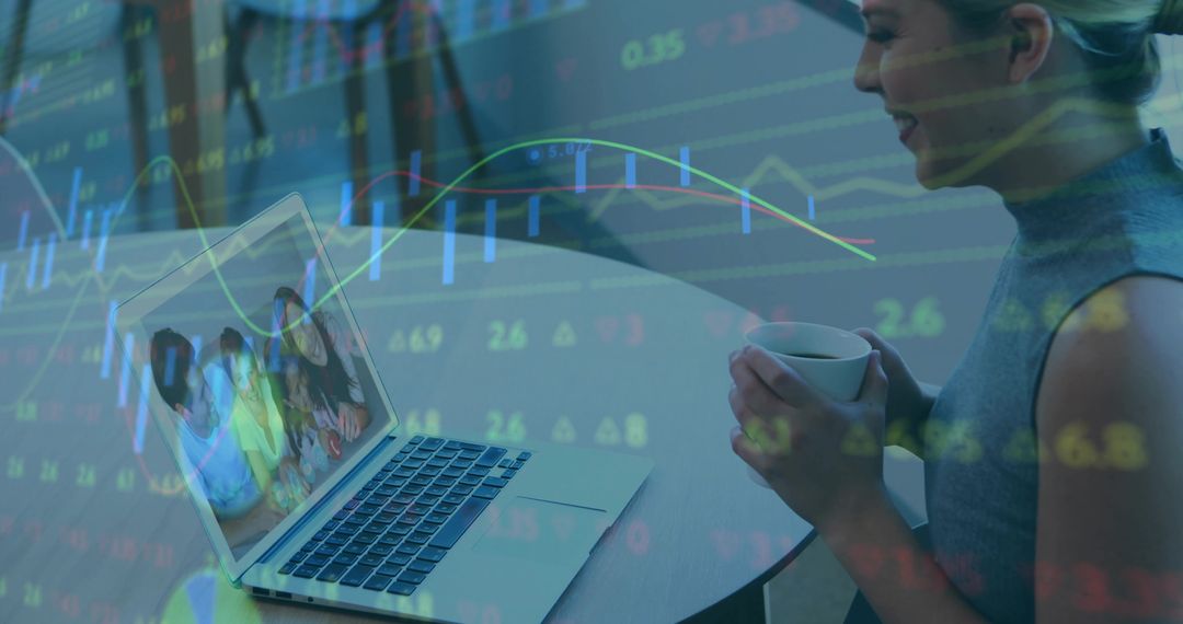 Woman Engaging in Virtual Meeting with Financial Data Overlay