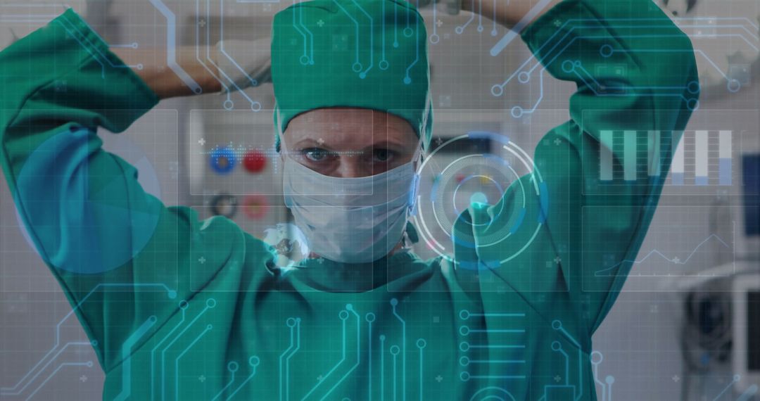 Female Surgeon with Tech Overlay in Modern Operating Room