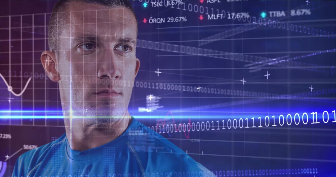 Focused Rugby Player and Digital Interface Binary Code Integration