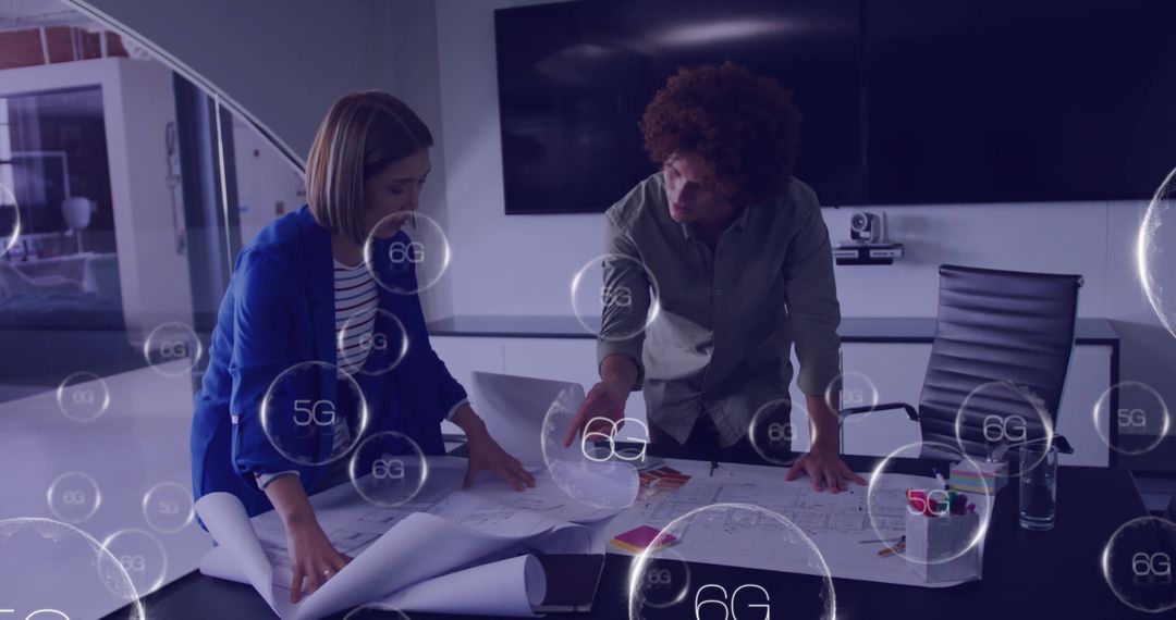 Colleagues Collaborating in Modern Office with 6G Technology