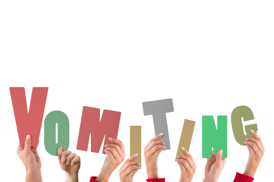 Hands Raising Vomiting Text with Transparent Background