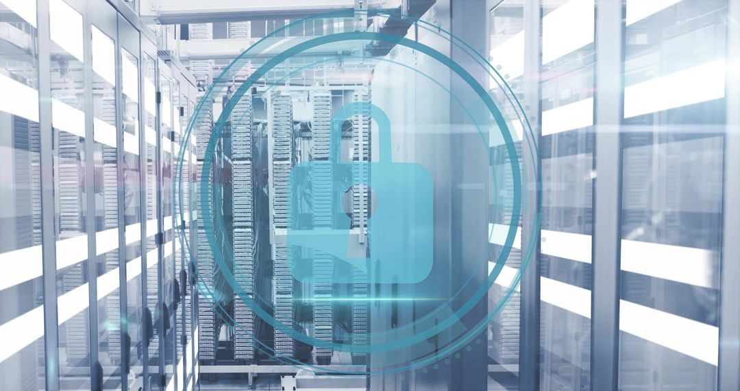 Futuristic Cybersecurity Concept in Server Room with Digital Lock Overlay