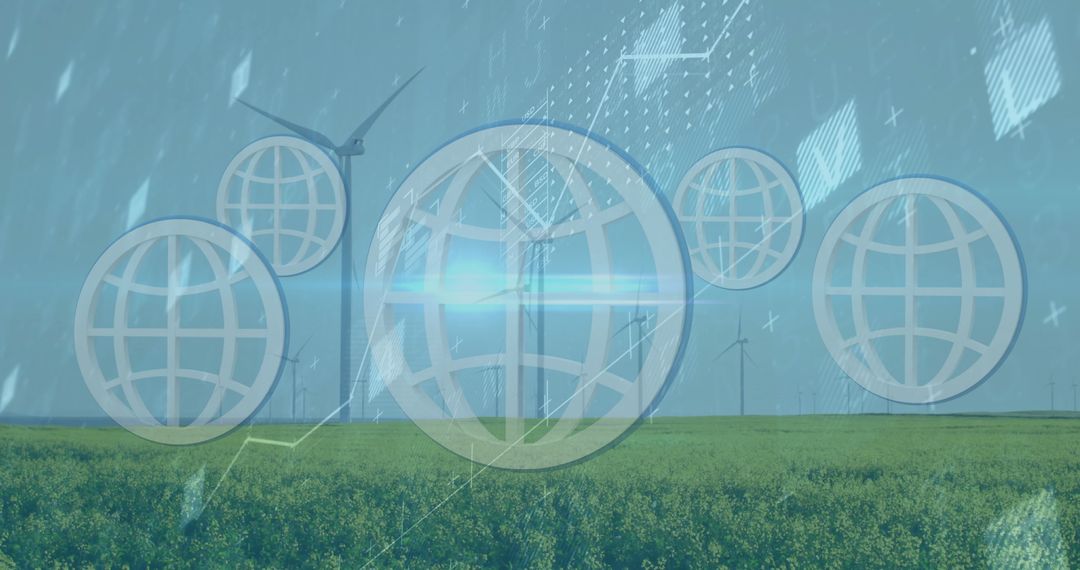 Digital Globe Icons on Green Field with Wind Turbines