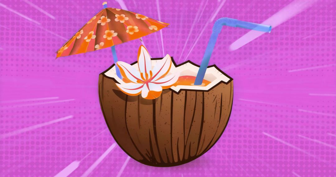 Refreshing Tropical Drink in Coconut with Straw and Umbrella, Pink Backdrop