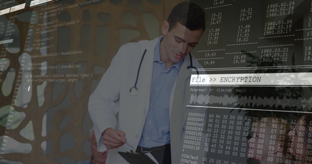 Doctor With Clipboard Reviewing Encryption Code Overlay