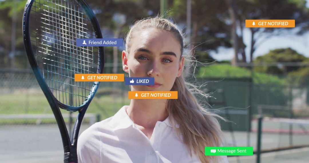 Female Athlete with Racket Experiencing Social Media Connectivity