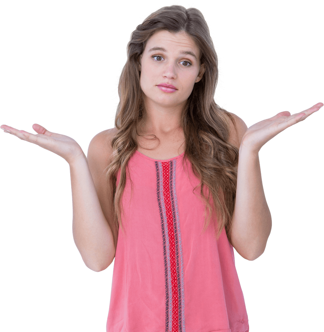 Transparent Uncertain Woman Shrugging Shoulders in Pink Top