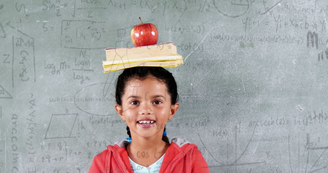 Smiling Student Balances Books on Head in Classroom Setting