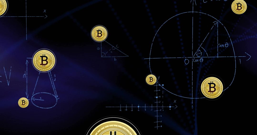 Floating Bitcoin Icons with Mathematical Background in Dark Theme