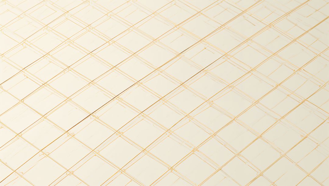 Creamy ivory tiles forming diagonal gold grid with subtle grout scuffs and glossy finish