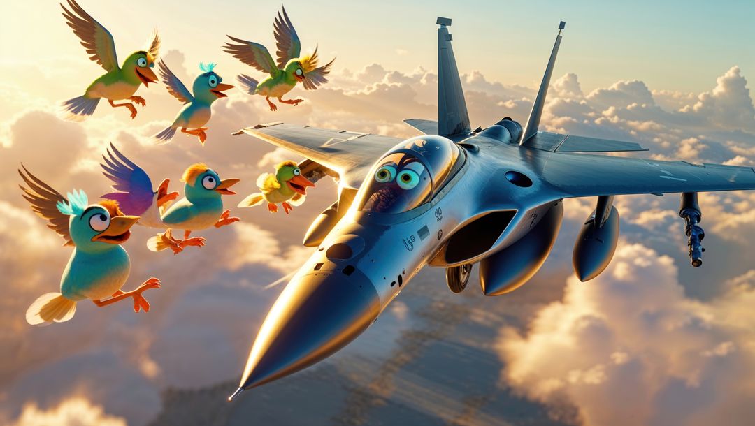 Whimsical f16 fighter jet soaring with playful birds above clouds