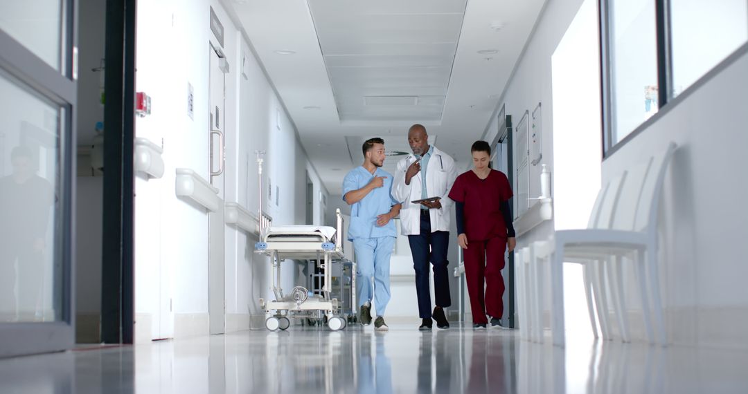 Medical Team Discussing Patient Care Walking in Hospital Corridor - Free Images, Stock Photos and Pictures on Pikwizard.com