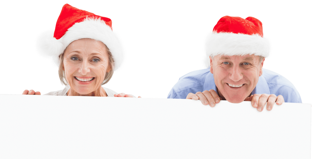 Senior Couple Smiling in Santa Hats with Transparent Banner for Holiday Atmosphere