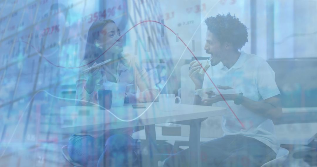 Corporate Lunch Break with Data Overlay and Analysis Theme