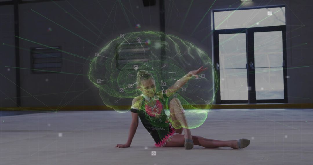Gymnast Balancing Split Pose with Holographic Brain Projection
