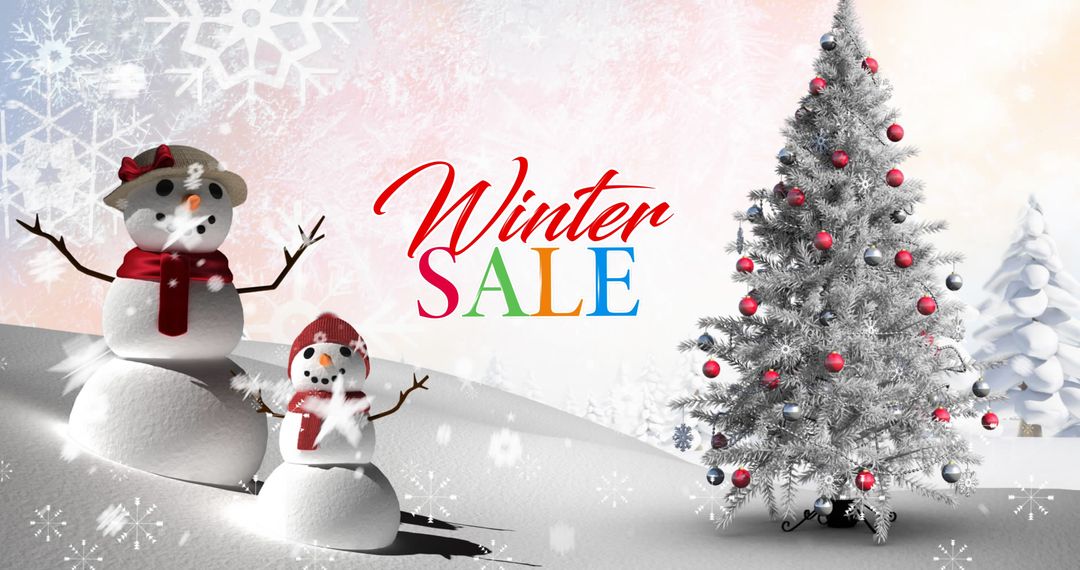 Festive Winter Sale Banner with Snowman and Christmas Tree