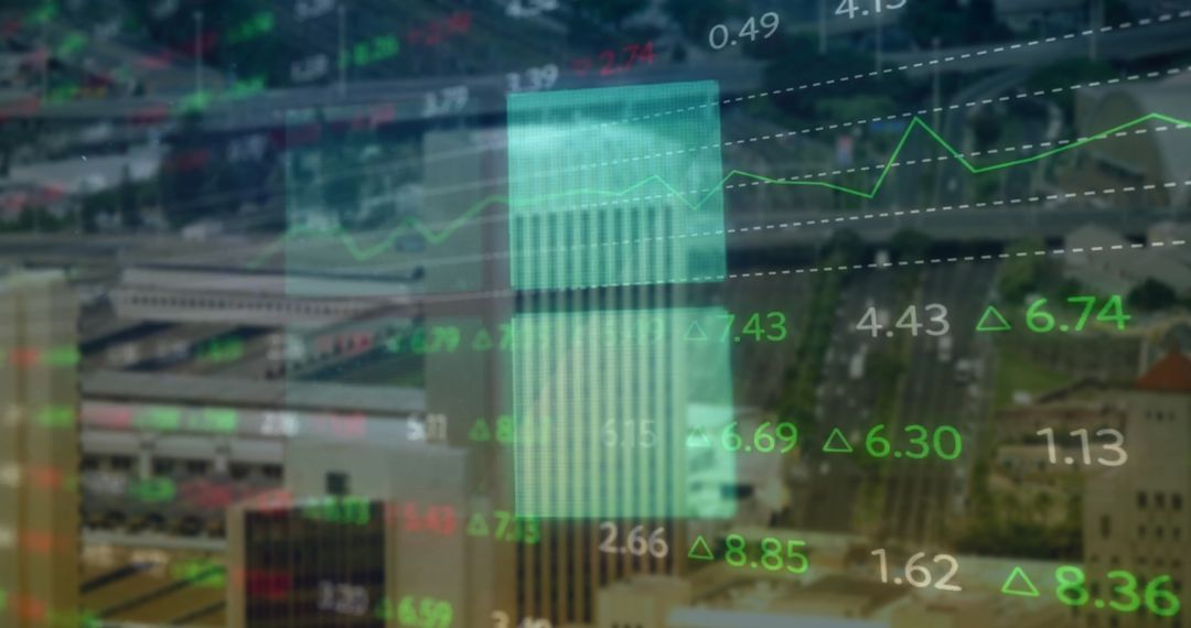 Financial Data Overlay Above Cityscape