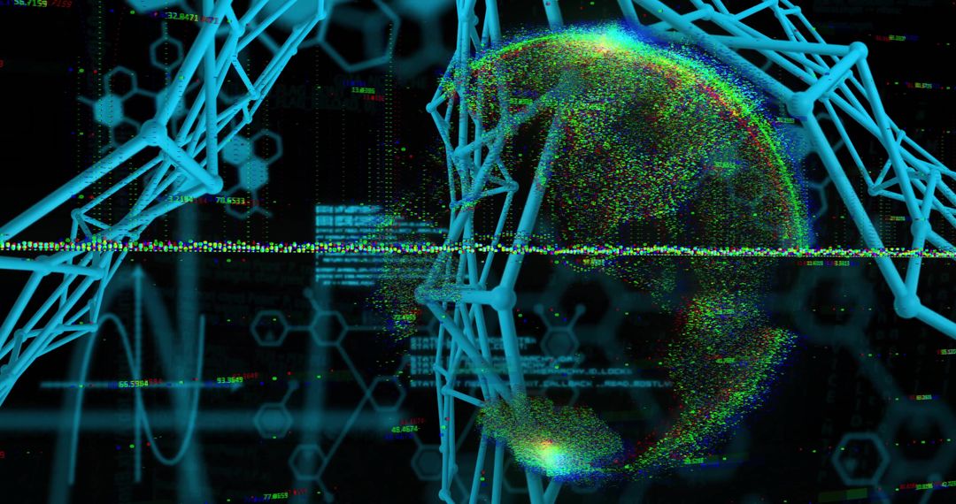 Futuristic Holographic Particle Globe with Neon Network Lattice and Digital Code