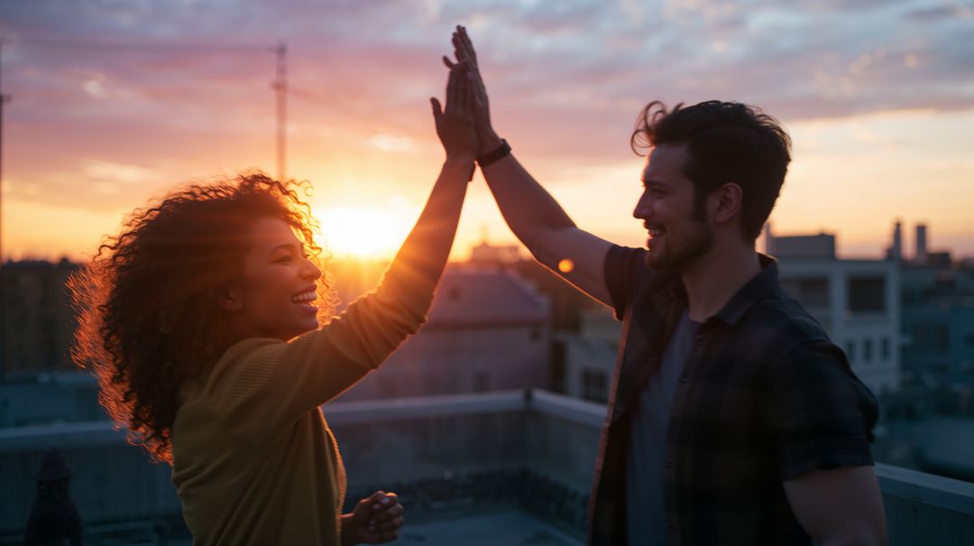 Sunset rooftop couple high-fiving and smiling, backlit romance with city skyline glow
