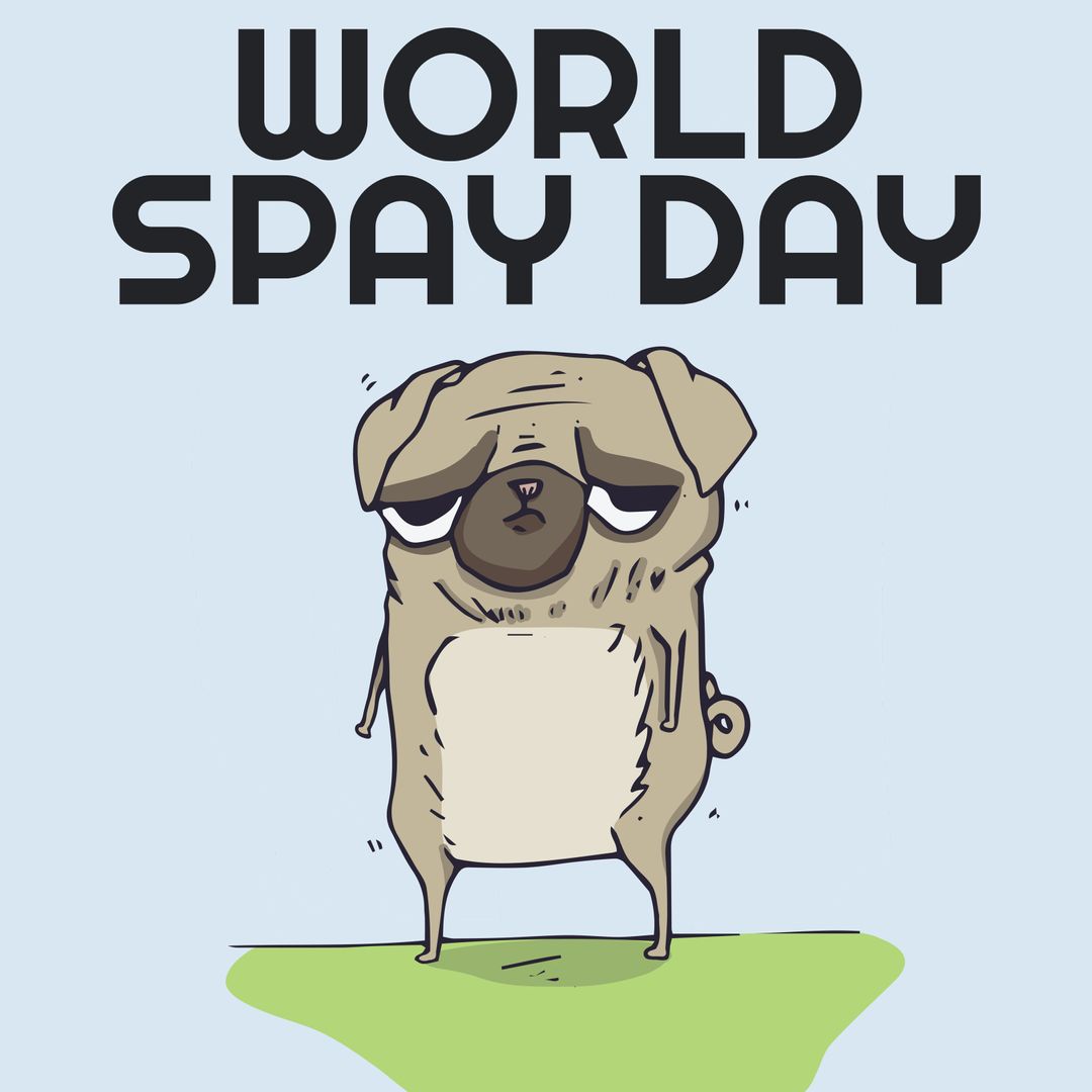 World Spay Day Cartoon Pug Encouraging Pet Population Control