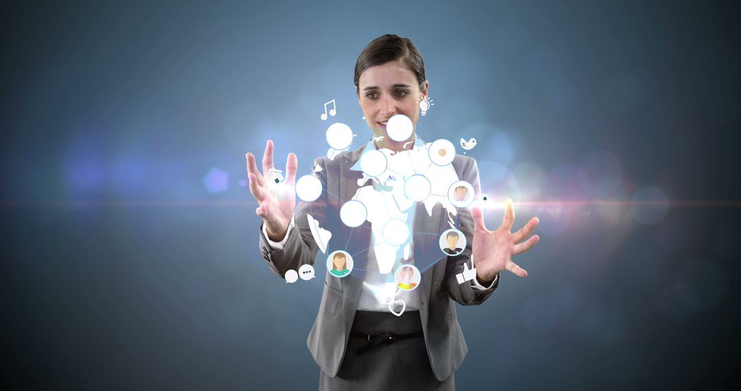 Businesswoman Exploring Interactive Virtual Interface with Holograms