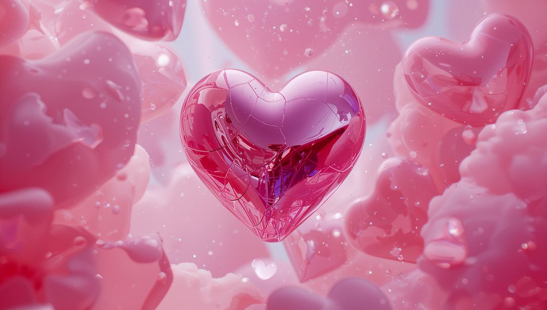 Floating Shiny Metallic Heart Amidst Dreamy Pink Clouds and Softness