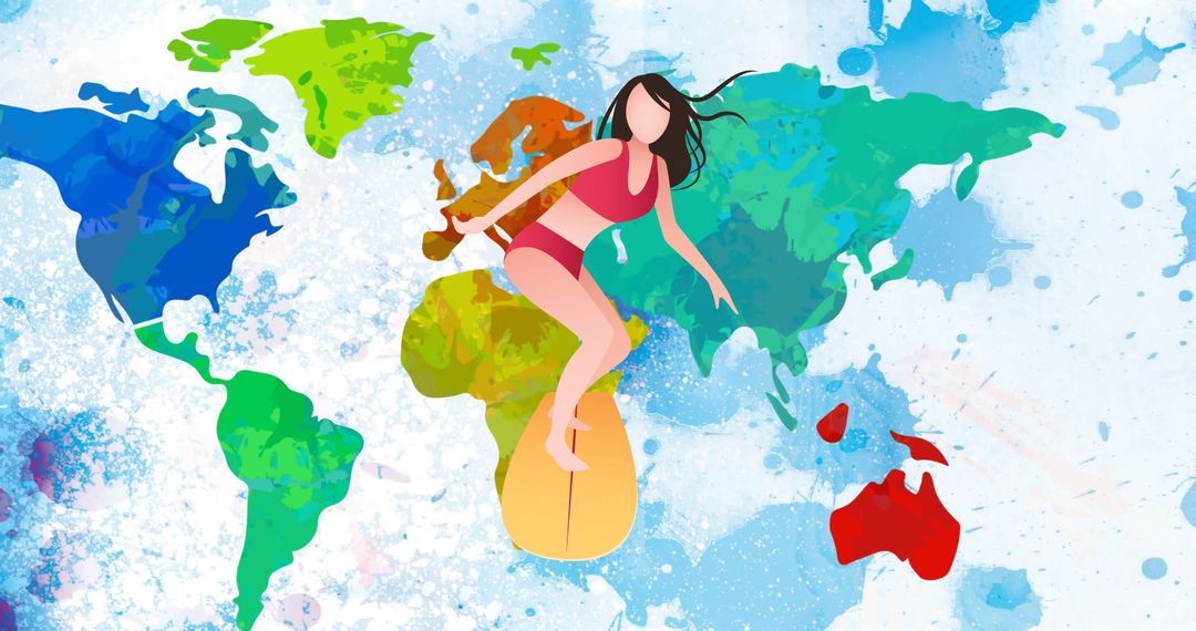 Dynamic Cartoon Woman Surfing Over Colorful World Map