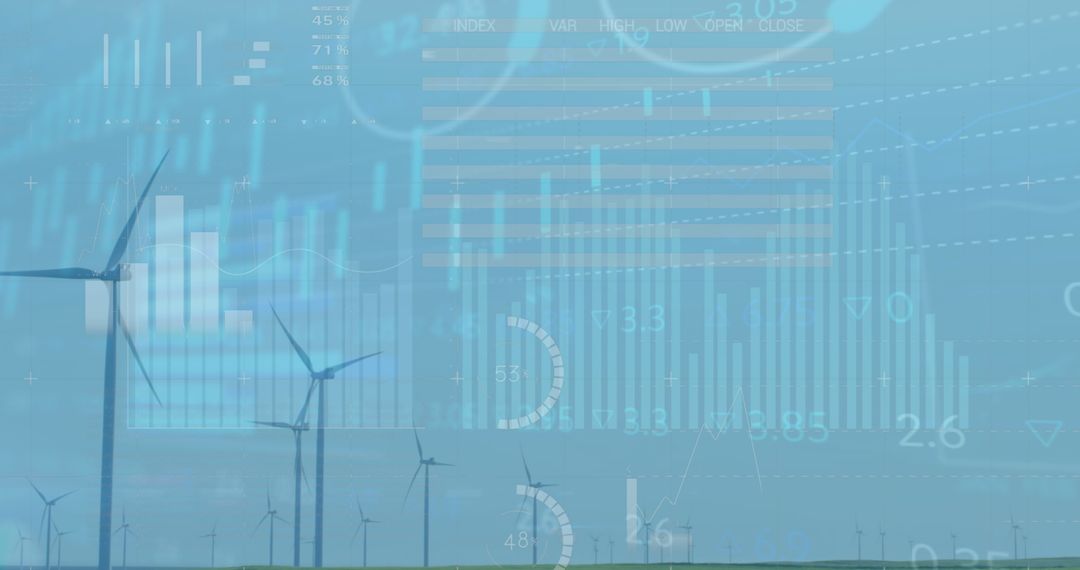 Wind Turbines with Virtual Data Overlays in Grassy Landscape