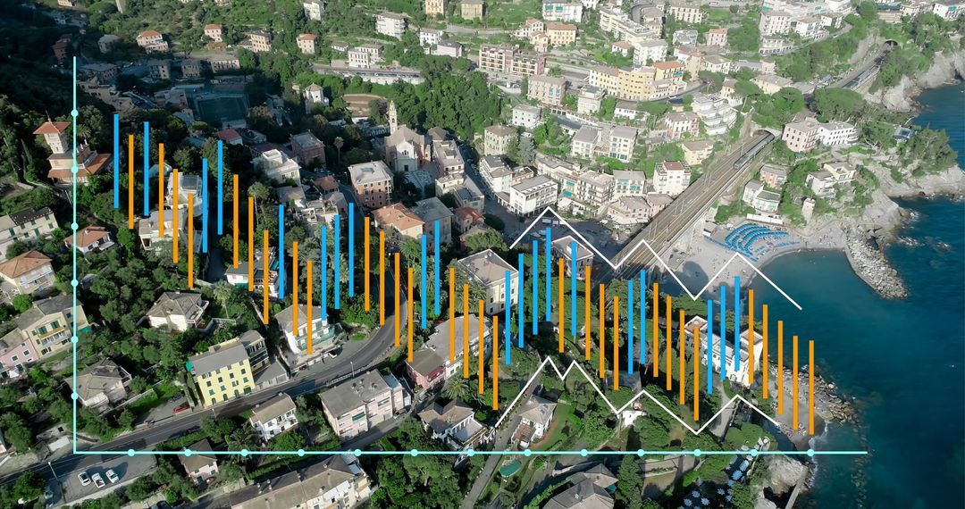 Cityscape with Overlaid Data Visualizations and Graphs