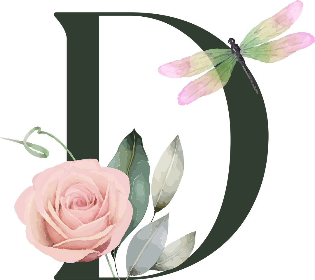 Elegant Letter D with Watercolor Rose and Pastel Dragonfly