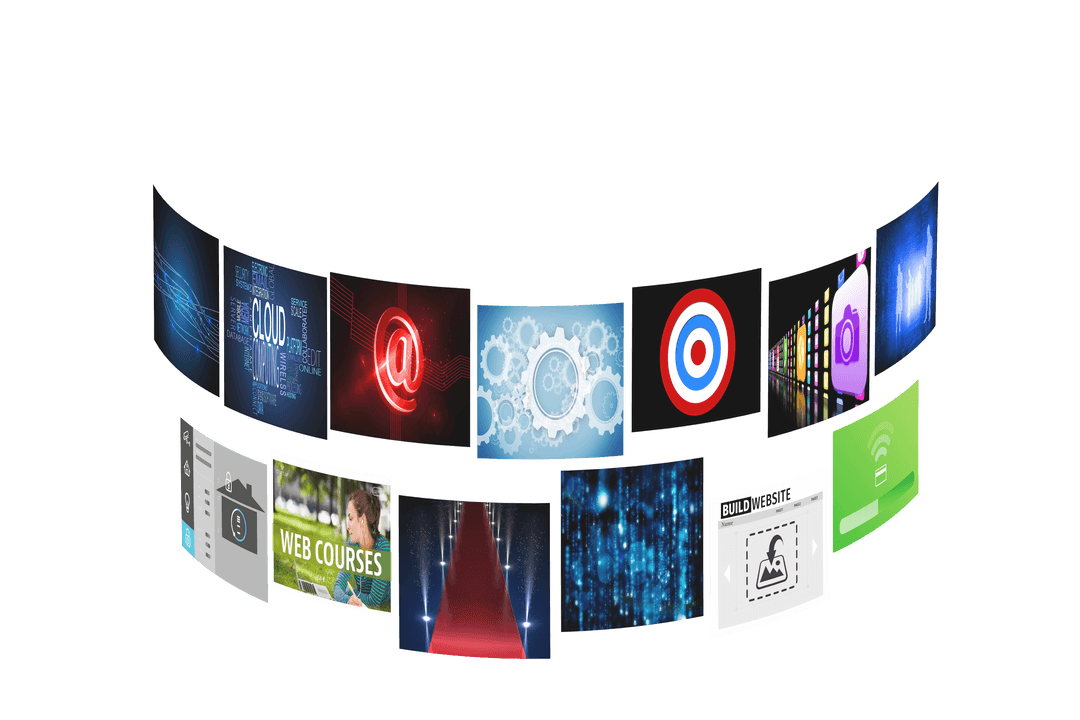 Digital Screens Display Media Icons on Transparent Background