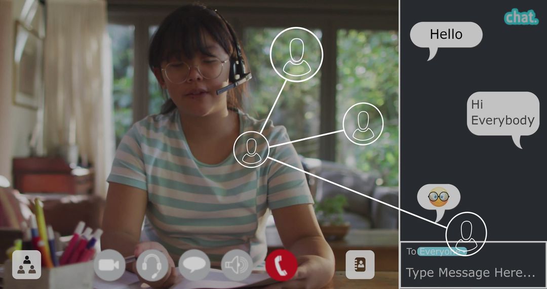 Girl on Virtual Meeting with Headset at Home Desk, Concentrated