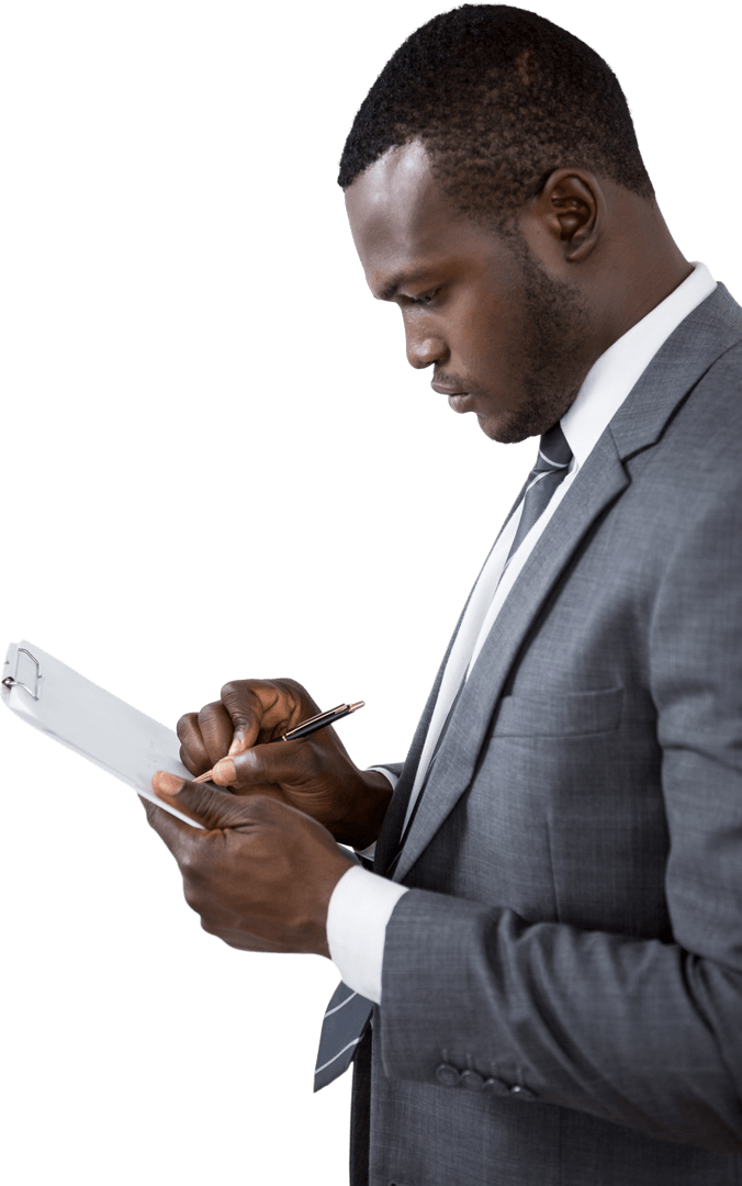 Focused Businessman Writing Notes on Clipboard Transparent Background