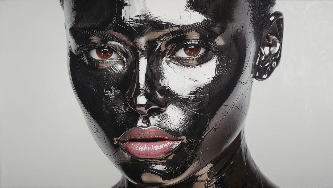 Model Wearing Glossy Black Paint and Palette-Knife Texture Showing Intense Brown Gaze