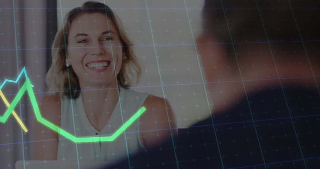 Smiling Businesswoman Analyzing Data with Digital Graph Overlay