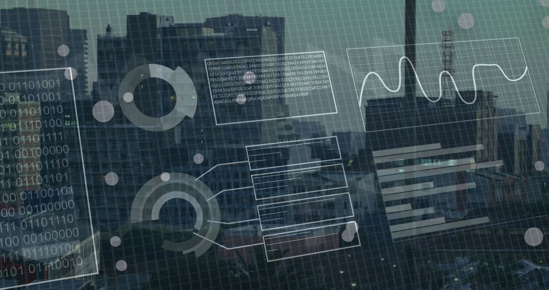 Financial Data Graphics Overlaying Modern Cityscape