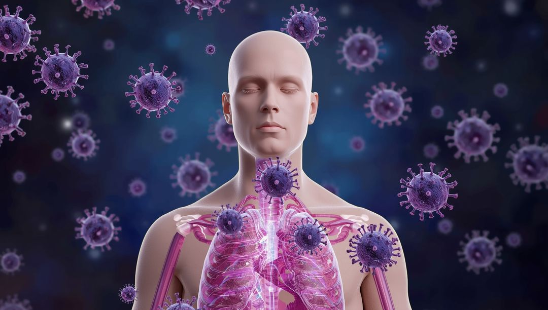 AI-Generated Respiratory System with Virus Particles Illustration