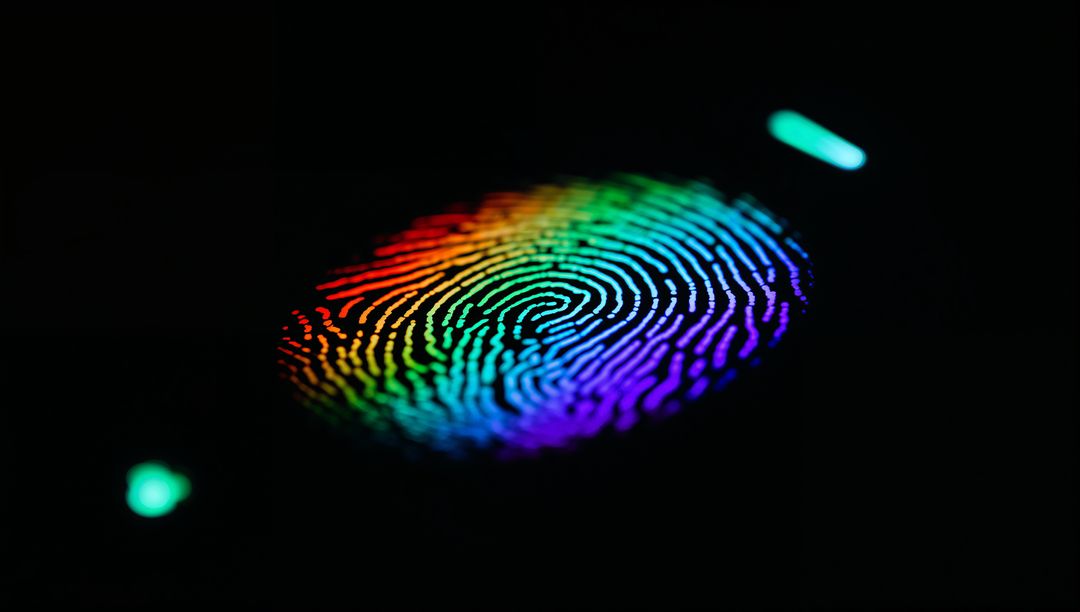Iridescent Rainbow Fingerprint Scanning on Dark Biometric Sensor Closeup Macro Detail
