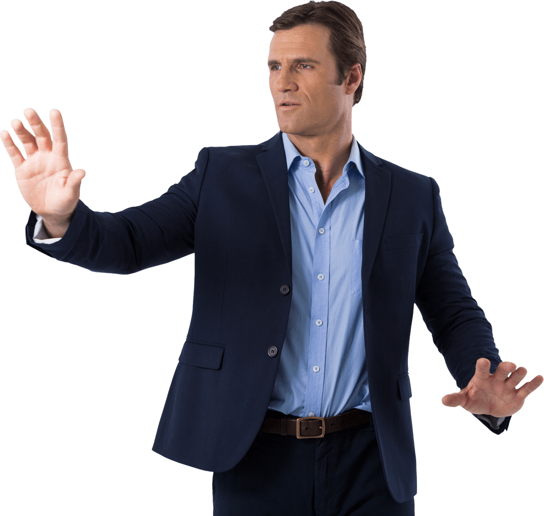 Businessman Interacting with Transparent Interface Gesture Control