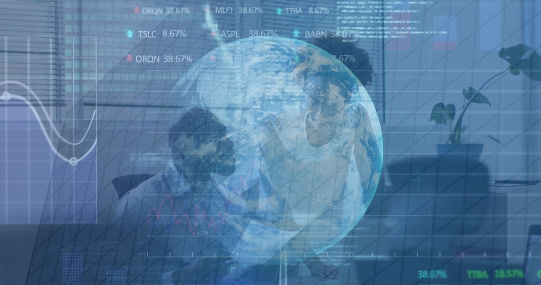 Colleagues Analyzing Stock Market Data with Global Overlay