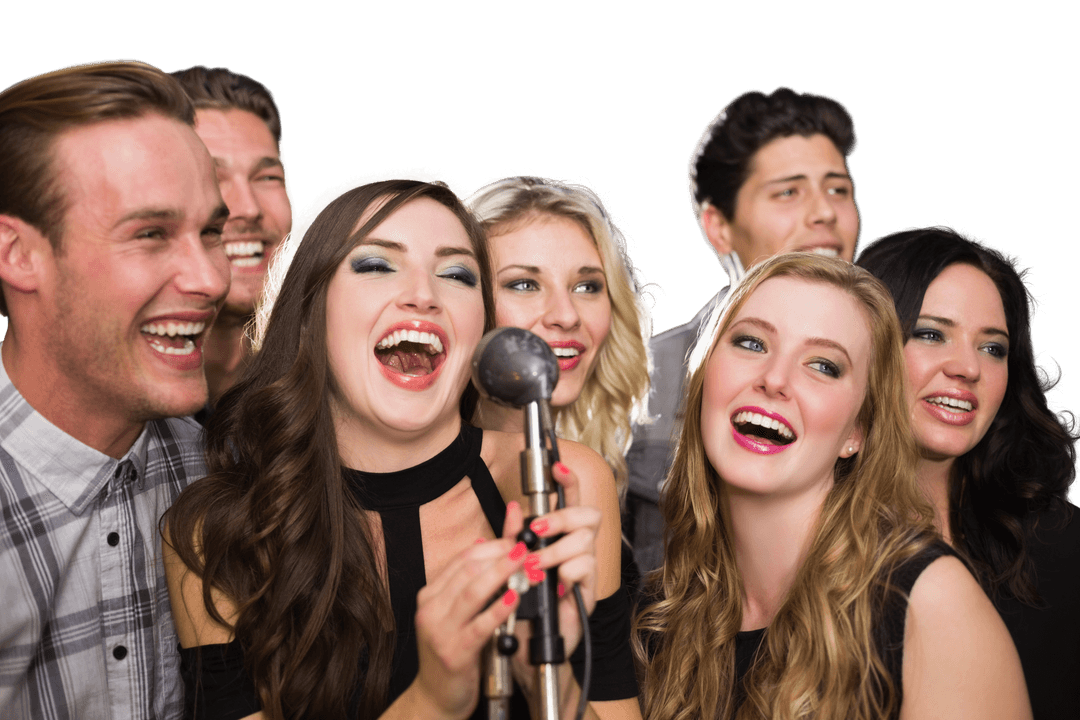 Happy Caucasian Team Singing Karaoke Transparent Background