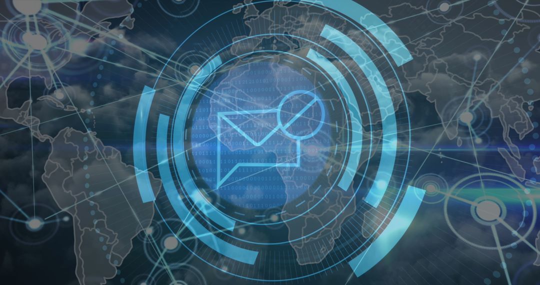 Glowing Envelope Icon on Futuristic World Map Interface