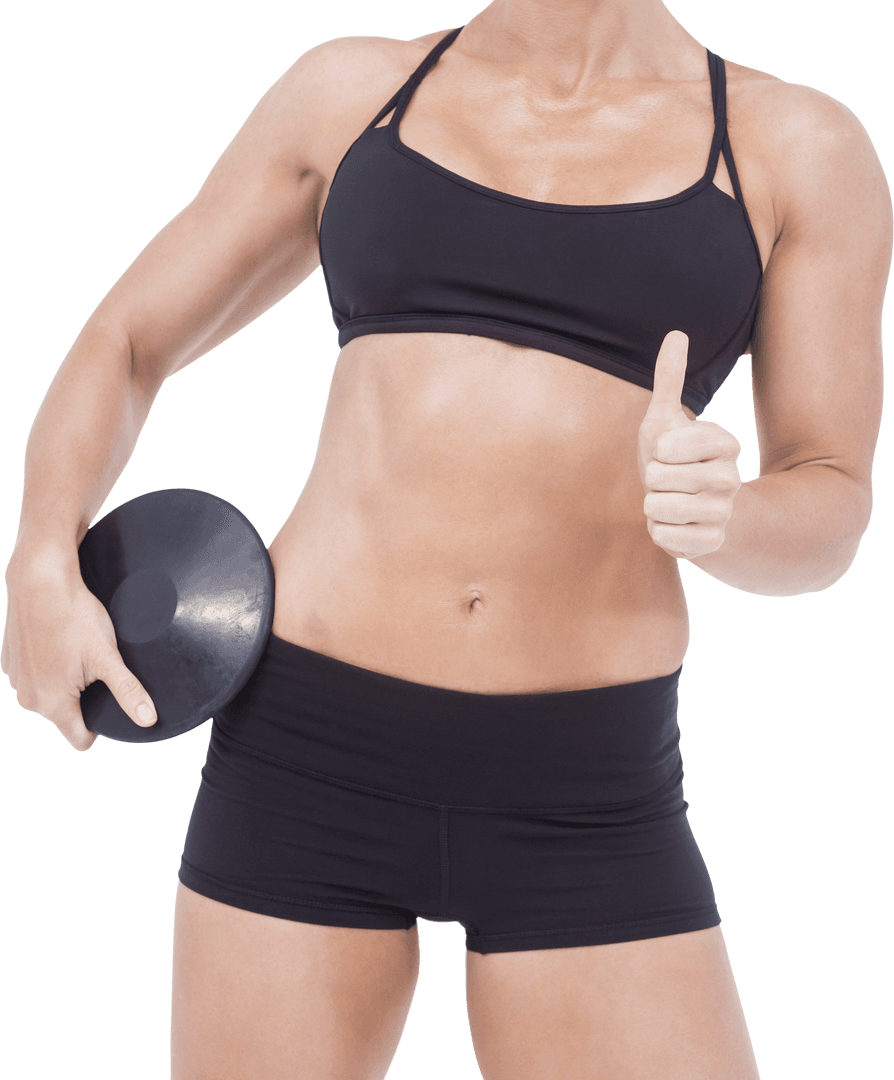 Transparent Female Athlete Holding Discus Showing Thumb Up Gesture