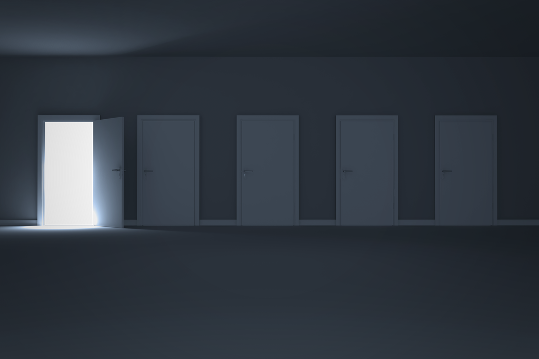 Row of Closed Doors with One Open Illuminated Door on Transparent Background - Download Free Stock Images Pikwizard.com