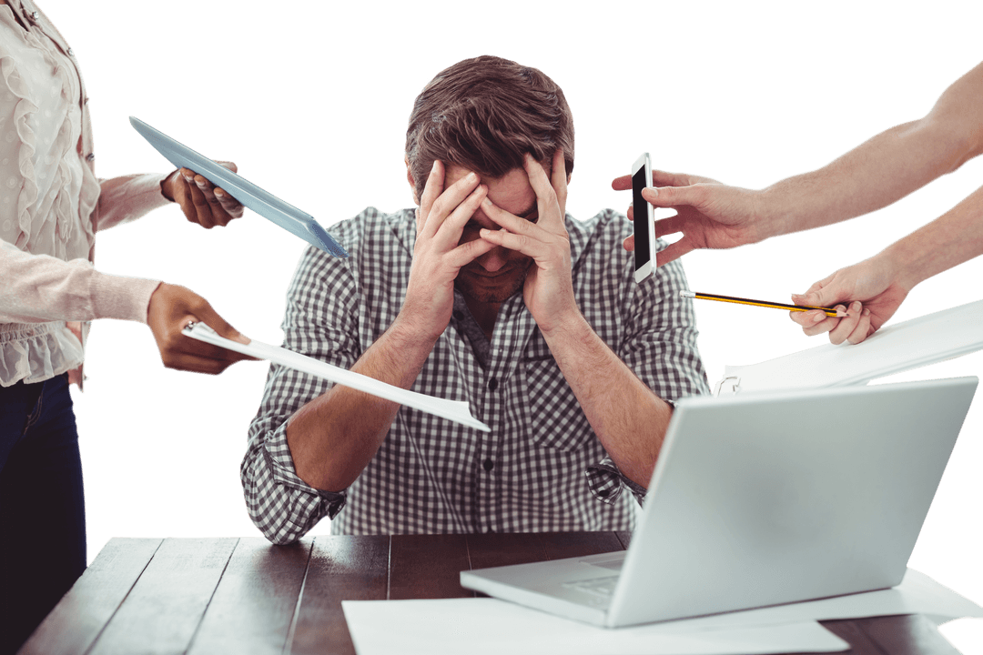 Overwhelmed Businessman Facing Work Stress with Multiple Demands