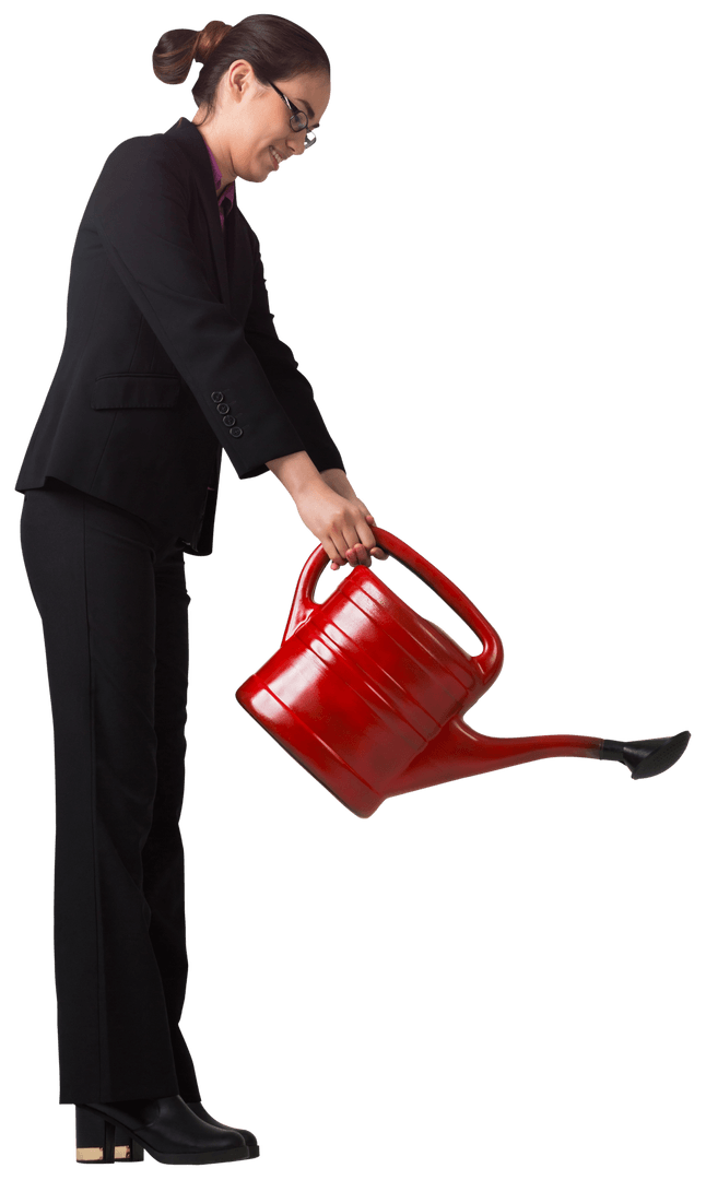 Transparent Businesswoman Watering with Red Watering Can
