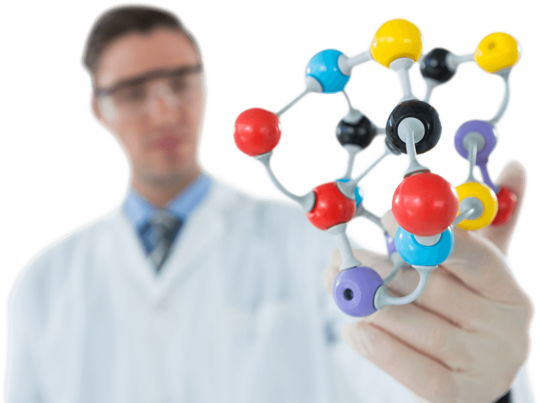 Scientist Examining Transparent Molecular Model with Protective Glasses
