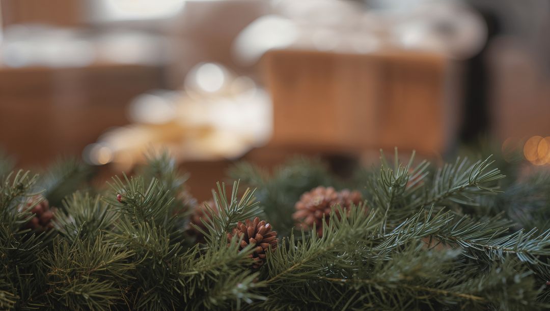 Evergreen Garland with Pinecones and Warm Bokeh Lights on Cozy Holiday Tabletop